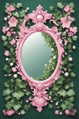 Create an Artwork of a Mirror with ivy and pearls, Like a Logo for a Varasity Jacket, illustration. Colors should be pink and green