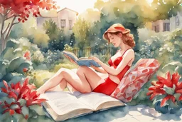 woman in red swimsuit reading a book in a beautiful garden in sunshine style Vittorio Giardino, stylized pen drawing and watercolor