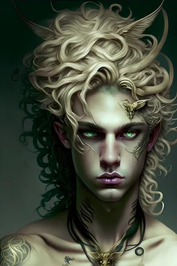 Medusa is a young man dressed as Medusa, has cat eyes, has a tattoo of wings around his neck, is blond, and is beautiful