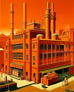 An orange colored mechanical factory with arrows painted by Grant Wood