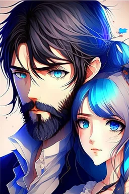 anime couple, romantic , colorful, man with salt and pepper beard and woman with dark hair and blue eyes