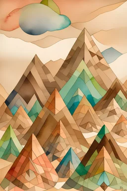 complex mountain 3D watercolour Paul Klee style old brown paper background