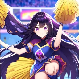 Clear focus,8k,Beatiful Lighting,Beatiful Blur,Beatiful Face,Beatiful Shading,Black long hair,silky hair, long silky bangs, Purple eyes, wearing a cheerleading outfit, Jumping, happy