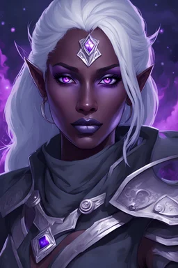 Dungeons and Dragons portrait of the face of a young adult drow rogue blessed by Eilistraee. She has purple eyes, obsidian skin, pale armor, white hair, and is surrounded by moonlight