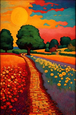 painting of a psychadelic colourful natural field with brick road and grass, flowers and trees by van gogh and andy warhol infusion