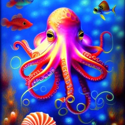 beautiful mystical underwater octopus, seashell, fish, high quality, acrylic paints, pastel colors, by Renoir