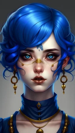 Realistic anime art style. An eye-catchingly dressed woman. Her chin-length blue hair is curly and all over the place. Her eyes are marked with black eyeliner and matte violet eyeshadow. Her fashion sense would best be described as goth. Her septum is pierced with a delicate gold horseshoe ring with pinchered ends. Both eyebrows are pierced with a small niobium barbell with spiked ends.
