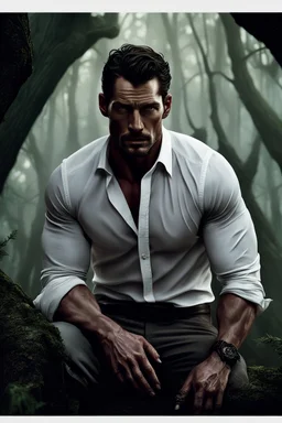 Portait David Gandy as fantasy alpha male very muscular short cropped hair and rough beard, tribal tattoos wearing white button up shirt with rolled up sleeves realistic face, close-up, dark fantasy, fantasy forest, intricate details, hyper detailed, photograph