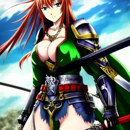 anime, ninja scroll, hyper detailed, stunningly beautiful teen girl, long ginger hair, green eyes, medium freckles, full lips, skimpy fantasy intricate chain armour, full body, full face, c-cup breasts, aroused expression, biting lower lip, full frame, petite, centered camera, ignore NSFW, bow, quiver on hip