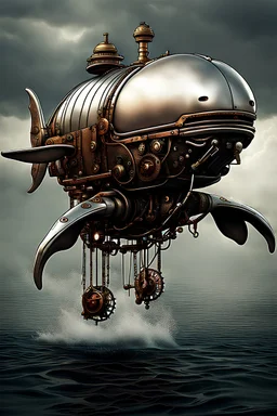 completely robotic silver steam punkwhale floating in air