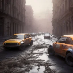 an Lada car ultra realistic durty dust no clean ,wide body , rally concept, ,on street,8k resolution, high-quality, fine-detail, parked in crowded city winter wide body night future city