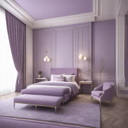 hotel bedroom master, modern classic style, lavender colors, 3d