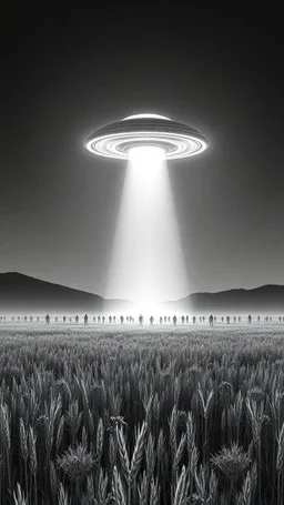 A field filled with aliens in a bright light at the end of the picture a ufo object , cinematic, 8k, in black and white, fine line draw