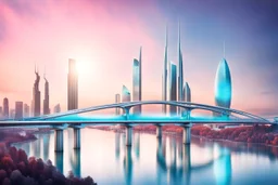 Dreamlike Skyline of Downtown futuristic hightech city in 4050 and a stunning futuristic Bridge During with dark grey clouds in sky, over the azur-silver color river, cold colors, come storm, high detalied, sci-fi, landscape