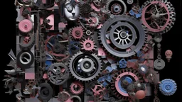 A surreal abstract composition with geometric shapes, gears, and mechanical elements in shades of black, gray, and pink