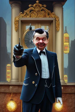 mr bean as the mafia godfather wearing gloves, balcony on casino top floor, 4k, trending art, weird perspective, realism, spray paint, detailed