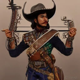 portrait,"Insanely detailed photograph of a mariachi warrior", charo with crossbow belt, sequenced Sombrero, detailed D20 flair, digital painting, artstation, concept art, smooth, sharp focus, illustration, art by artgerm and greg rutkowski and alphonse mucha, 8 k