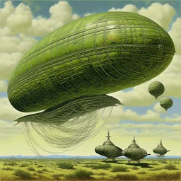 An olive green sky with airships designed in Navajo woven art painted by Claude Monet