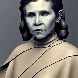 upper body photorealistic jedi carrie fisher in Star Wars, sharp brown eyes, photorealistic skin, dark brown jedi robe, cinematic lighting
