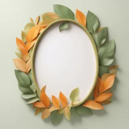 Oval picture frame in the colors mango and light green leaves and some light orange all on a light background