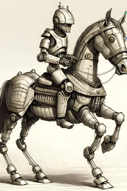 robot riding a horse with pencil scetch