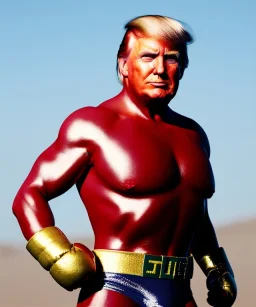 Donald trump fighter wrestling, naked torso, color breeches, suspenders, retro style, 80s, hot ambient, photo studio, red, gold, vibrant color, gradient, highly detailed, art stations, concept art, smooth, unreal engine 5, god rays, ray tracing, RTX, lumen lighting, ultra detail, volumetric lighting, 3d, finely drawn, high definition, high resolution.