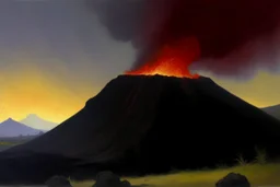 A volcano with spewing lava painted by Birge Harrison