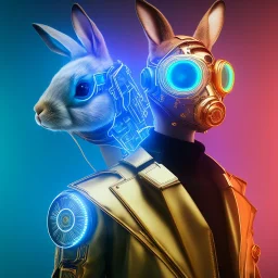 Front face portrait, cyber woman with rabbit mask, cyberpunk style, latex suit, gold pink and blue style, photo studio, vibrant color, highly detailed, concept art, smooth, unreal engine 5, god rays, ray tracing, RTX, lumen lighting, ultra detail, volumetric lighting.