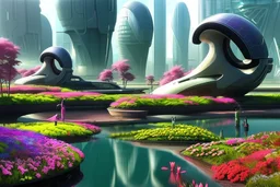 Futuristic city, people, pond, flowers, sci-fi