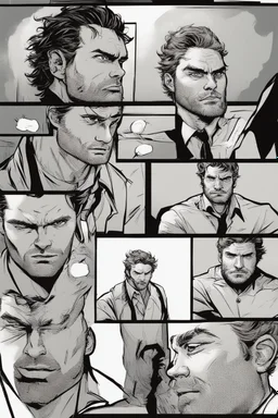 man with scruffy hair, stubble and a seriously judgmental look on his face comic book style