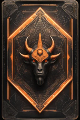 sacred geometry framed playing card, black and orange minotaur star conquistador with shadows boss card in the style of Giger and fallout 4 ,,bokeh like f/0.8, tilt-shift lens 8k, high detail, smooth render, down-light, unreal engine