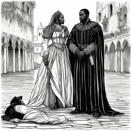 The Tragedy of Othello, the Moor of Venice, is a tragedy written by William Shakespeare. Set in Venice and Cyprus, the play depicts the Moorish military commander Othello as he is manipulated by his ensign, Iago, into suspecting his wife Desdemona of infidelity Record of Lodoss War style, Linework: Expressive, expressive black ink line art with variable stroke weights. Crisp contours define silhouettes while fine hatching adds subtle depth and form.