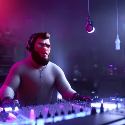 megalomaniac DJ cyborg at work in a nightclub, particles, short bearded 40 years old focused Christian Boshell with headphones. sin city style, photo-realism art, intense atmosphere, similar to a Michelangelo art direction, close-up face