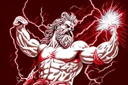 Detailed and realistic illustration of Greek god Zeus holding holding lightning. Vintage style illustration. Red and white lightning. Ultra high resolution.