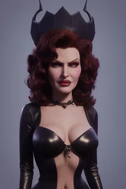 Rita Hayworth as evil queen in black leather, busty, cleavage, curvy, angry, stern look. character design by cory loftis, fenghua zhong, ryohei hase, ismail inceoglu and ruan jia. unreal engine 5, artistic lighting, highly detailed, photorealistic, fantasy