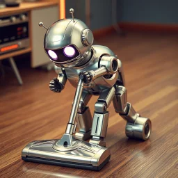 retro futurism, a silver metallic robot is vacuuming the floor