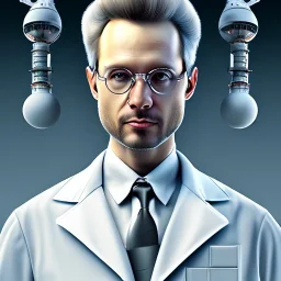 mad scientist, white cell tower in background