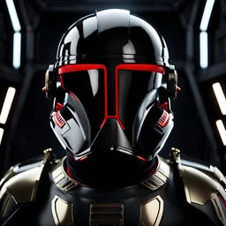 star wars bald male corellian pilot wearing pearlescent black and gunmetal grey First Order special forces heavy assault stealth commando armor and helmet with gold and red trim inside the jedi temple, hyperdetailed, dynamic lighting, hyperdetailed background, 8k resolution, volumetric lighting, light skin, fully symmetric details