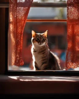 a photo of a funny cat with caustics shadows reflected on its face, polygon shape shadows on her coat, an example of saul leiter's work, sun - rays beams, projection mapping, its face covered with shadows reflected from hiding behind polygon lace curtains.