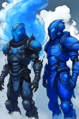 blue smoke in a shape of humanoid and a colour of a storm wearing a scalemail armor