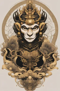 Create a captivating modern 2d black and gold ink tattoo design for print , prestigious Divine Monkey King using the elegant influences of japan art style, for print, dynamic elements from fashion and design, and bold Japanese contemporary art aesthetics, framing centered in the center, distanced from the edges of the paper perimeter, perfect anatomy, bauhaus, Divine Proportion,