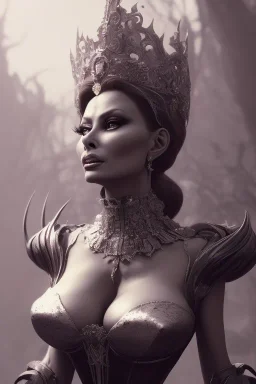 Sophia Loren as evil queen in black leather, cleavage, angry, stern look. character design by cory loftis, fenghua zhong, ryohei hase, ismail inceoglu and ruan jia. unreal engine 5, artistic lighting, highly detailed, photorealistic, fantasy