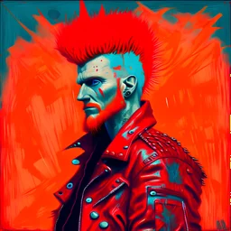 NFT, Red self portrait punk Vincent van Gogh, red spikey mohawk, red leather punk jacket, painted by van Gogh, in the style of beeple and bosslogic, trending on opensea NFT marketplace; minted on Ethereum network with Ethereum cryptocurrency
