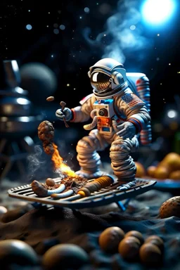 grilled astronaut with burning feet and a moon helmet gets epilepsy while grilling hot dogs and starts to foam like a rock star portrait, photo-realistic, shot on Hasselblad h6d-400c, zeiss prime lens, bokeh like f/0.8, tilt-shift lens 8k, high detail, smooth render, down-light, unreal engine 5, cinema 4d, HDR, dust effect,, smoke