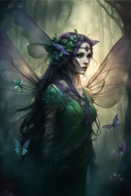 Blomde hair , , dark Fairy wings Purple hair,water lilies,dark fairy princess,nymph,elven crown,dragonflies,tiara,,gothic,glitter,rapunzel hair, very long hair,green eyes, sparkle