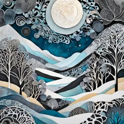 abstract paper collage overlayed with Zentangle patterns that depict the vastly diverse landscape of Nature bathed in pale moonlight of winter, highly detailed, vibrant natural color, with bold ink outlining