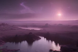 Purple alien sky, rocky river, science fiction landscape