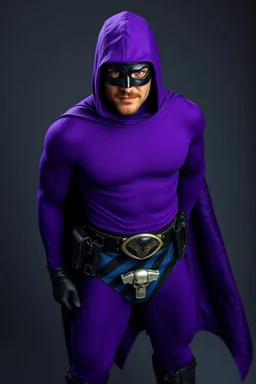 The Phantom - full-length, A Real-life portrait of a photorealistic man with piercing blue eyes, a chiseled jaw, goatee, timeless face, stern expression, Wearing a tight fitting purple cotton hero suit with a cowl that fits tight to his head, but does not cover his face, he wears a thin, black leather, bandit eye disguise over his eyes, black and blue diagonally striped trunks, dual-holstered pistol belt adorned with a triangle skull-shaped buckle with leg straps, Knee-high black leather boots