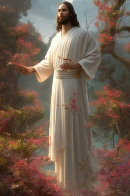 Jesus portrait , detailed hands, at dawn by atey ghailan, golden light , white robe, holding leaves and flowers , angels background, volumetric light, high detail, red leaf tree, mountains in background, perfect