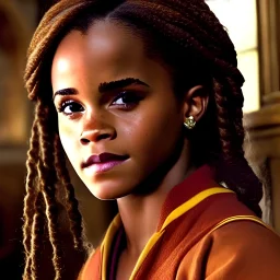 portrait of young perfect african-american Emma Watson as Hermione, new harry potter prequel, griffindor staff in the background, hiperrealistic, intricately detailed, cinematic